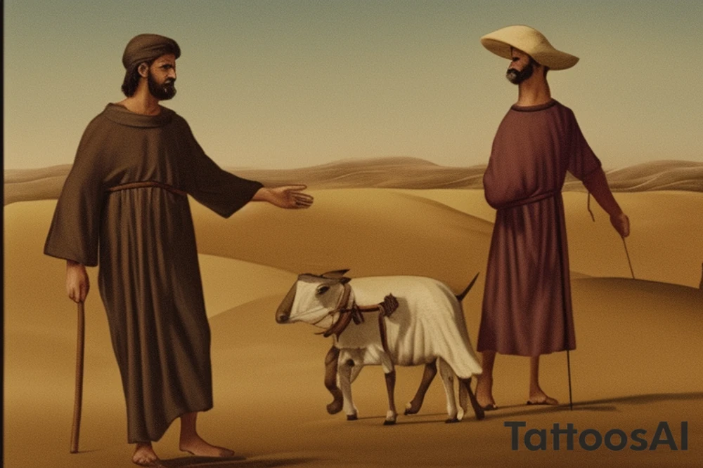 Main idea: A tall, thin man walking towards his left. Just one man

The man: The man is dressed in simple clothes like a shepherd from the first century. He is wearing a long tunic, a white hat, and sandals. The man will be carrying a staff or a shepherd's crook.

Background: The background is plain, with no fillings. The man is outlined in black, and his clothes are shaded in grayscale.

TATTOO STYLE: simple drawing, no fillings, just the outlines in black tattoo idea