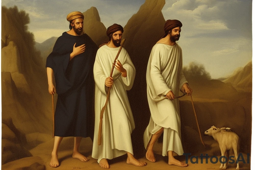 Main idea: A tall, thin man walking towards his left. Just one man

The man: The man is dressed in simple clothes like a shepherd from the first century. He is wearing a long tunic, a white hat, and sandals. The man will be carrying a staff or a shepherd's crook.

Background: The background is plain, with no fillings. The man is outlined in black, and his clothes are shaded in grayscale.

TATTOO STYLE: simple drawing, no fillings, just the outlines in black tattoo idea