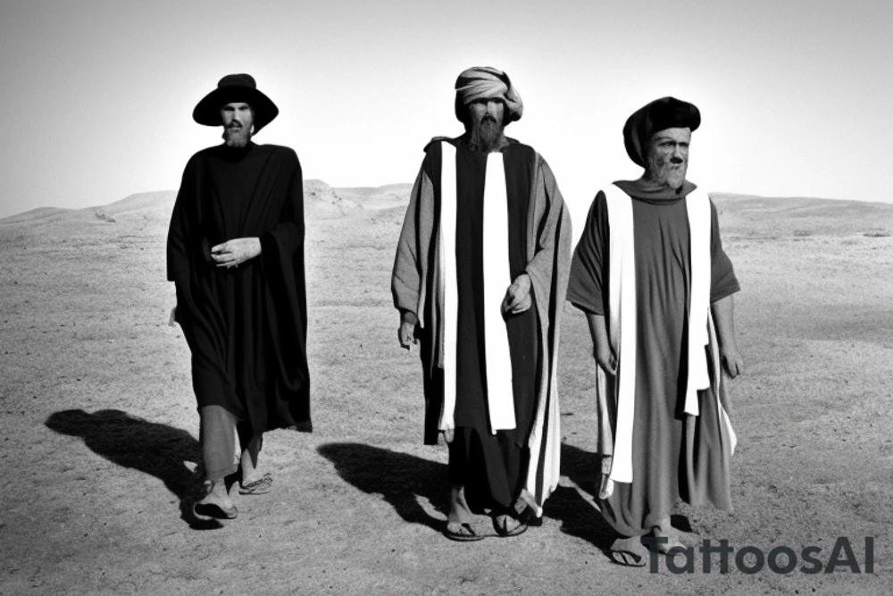 Main idea: A tall, thin man walking towards his left. Just one man

The man: The man is dressed in simple clothes like a shepherd from the first century. He is wearing a long tunic, a white hat, and sandals. The man will be carrying a staff or a shepherd's crook.

Background: The background is plain, with no fillings. The man is outlined in black, and his clothes are shaded in grayscale.

TATTOO STYLE: simple drawing, no fillings, just the outlines in black tattoo idea