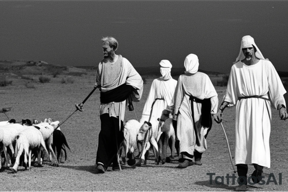 Main idea: A tall, thin man walking towards his left. Just one man

The man: The man is dressed in simple clothes like a shepherd from the first century. He is wearing a long tunic, a white hat, and sandals. The man will be carrying a staff or a shepherd's crook.

Background: The background is plain, with no fillings. The man is outlined in black, and his clothes are shaded in grayscale.

TATTOO STYLE: simple drawing, no fillings, just the outlines in black tattoo idea