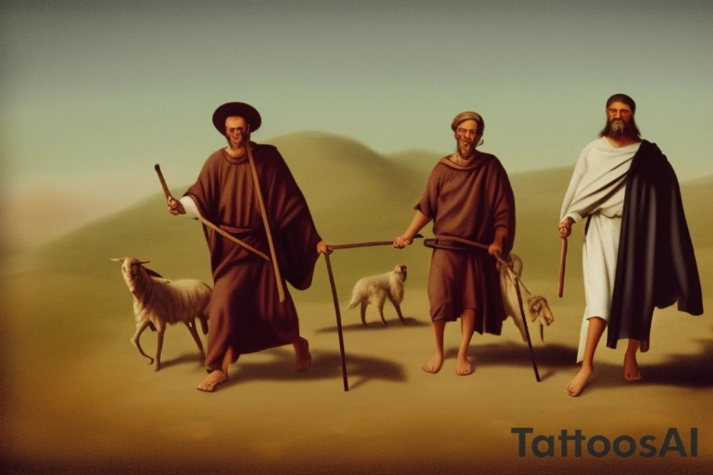 Main idea: A tall, thin man walking towards his left. Just one man

The man: The man is dressed in simple clothes like a shepherd from the first century. He is wearing a long tunic, a white hat, and sandals. The man will be carrying a staff or a shepherd's crook.

Background: The background is plain, with no fillings. The man is outlined in black, and his clothes are shaded in grayscale.

TATTOO STYLE: simple drawing, no fillings, just the outlines in black tattoo idea