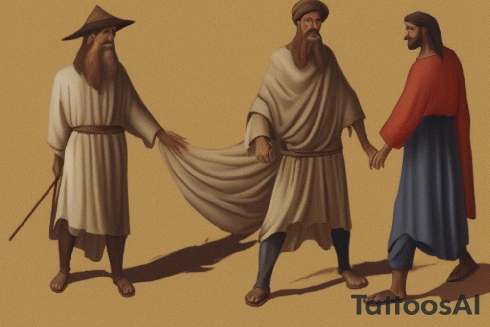 Main idea: A tall, thin man walking towards his left. Just one man

The man: The man is dressed in simple clothes like a shepherd from the first century. He is wearing a long tunic, a white hat, and sandals. The man will be carrying a staff or a shepherd's crook.

Background: The background is plain, with no fillings. The man is outlined in black, and his clothes are shaded in grayscale.

TATTOO STYLE: simple drawing, no fillings, just the outlines in black tattoo idea