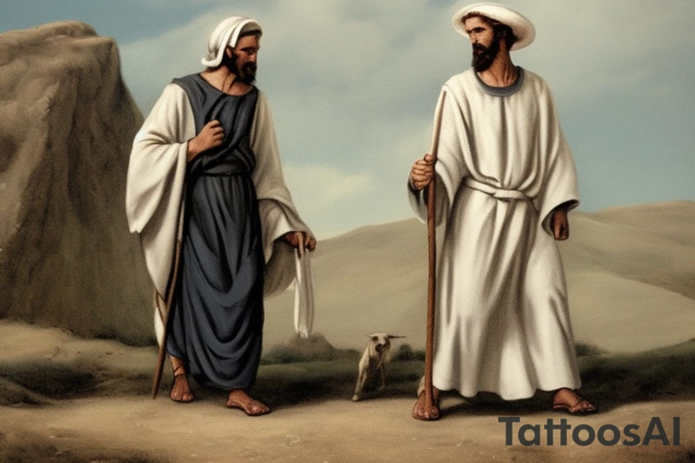 Main idea: A tall, thin man walking towards his left. Just one man

The man: The man is dressed in simple clothes like a shepherd from the first century. He is wearing a long tunic, a white hat, and sandals. The man will be carrying a staff or a shepherd's crook.

Background: The background is plain, with no fillings. The man is outlined in black, and his clothes are shaded in grayscale.

TATTOO STYLE: simple drawing, no fillings, just the outlines in black tattoo idea