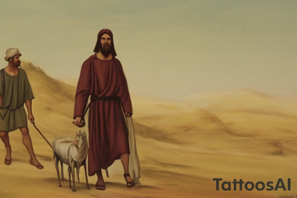 Main idea: A tall, thin man walking towards his left. Just one man

The man: The man is dressed in simple clothes like a shepherd from the first century. He is wearing a long tunic, a white hat, and sandals. The man will be carrying a staff or a shepherd's crook.

Background: The background is plain, with no fillings. The man is outlined in black, and his clothes are shaded in grayscale.

TATTOO STYLE: simple drawing, no fillings, just the outlines in black tattoo idea