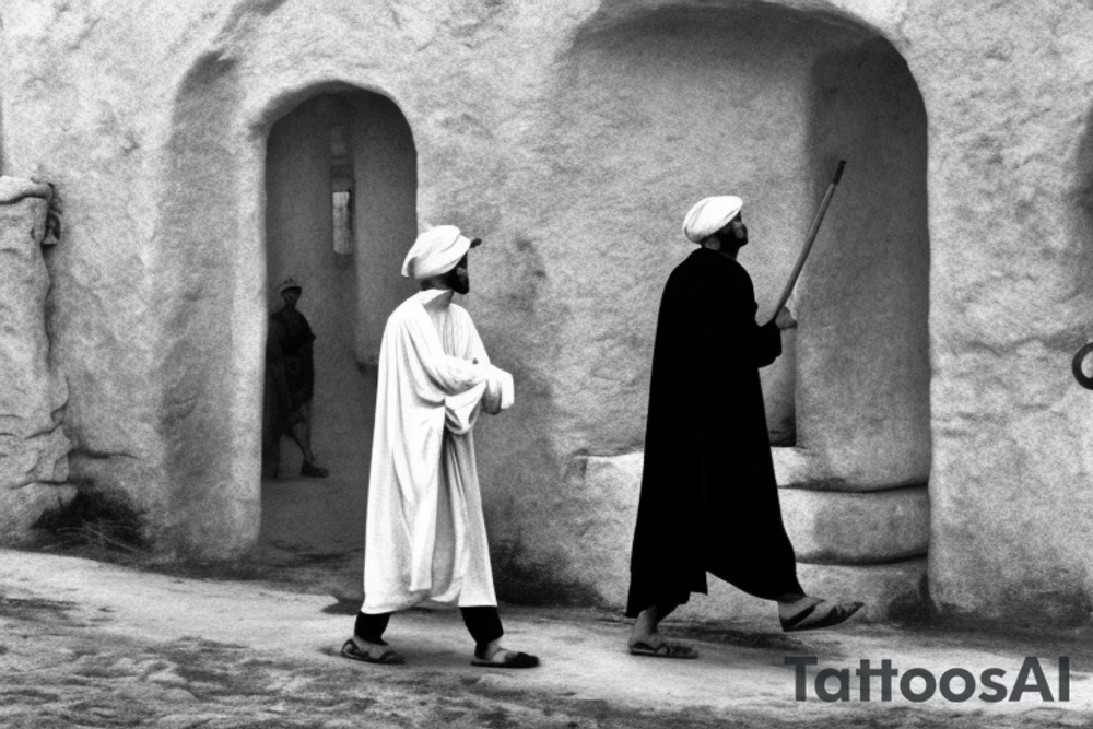 Main idea: A tall, thin man walking towards his left. Just one man

The man: The man is dressed in simple clothes like a shepherd from the first century. He is wearing a long tunic, a white hat, and sandals. The man will be carrying a staff or a shepherd's crook.

Background: The background is plain, with no fillings. The man is outlined in black, and his clothes are shaded in grayscale.

TATTOO STYLE: simple drawing, no fillings, just the outlines in black tattoo idea