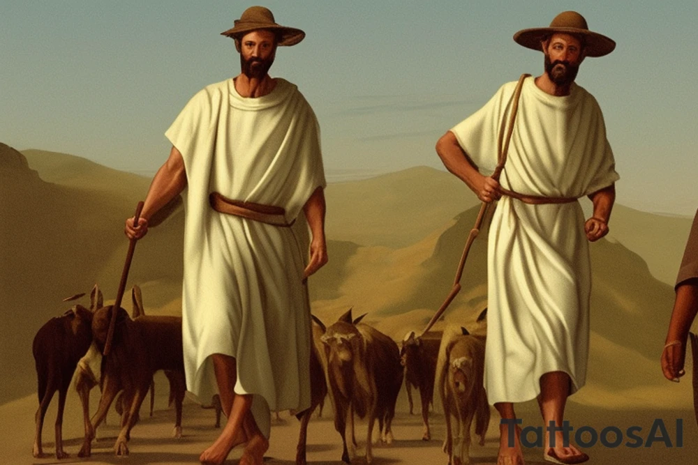 Main idea: A tall, thin man walking towards his left. Just one man

The man: The man is dressed in simple clothes like a shepherd from the first century. He is wearing a long tunic, a white hat, and sandals. The man will be carrying a staff or a shepherd's crook.

Background: The background is plain, with no fillings. The man is outlined in black, and his clothes are shaded in grayscale.

TATTOO STYLE: simple drawing, no fillings, just the outlines in black tattoo idea