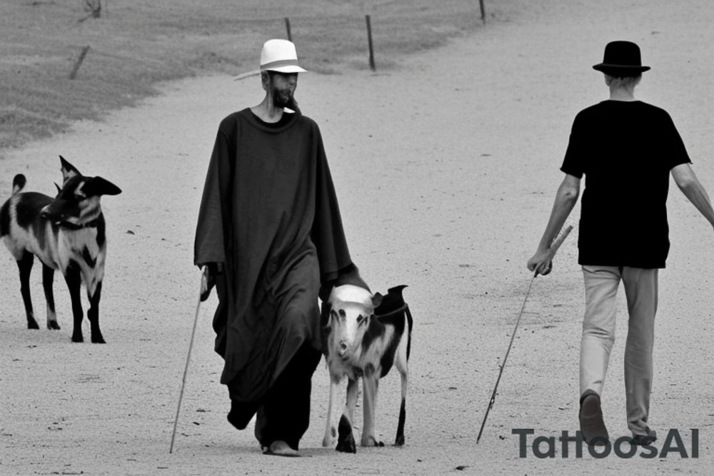 Main idea: A tall, thin man walking towards his left. Just one man

TATTOO STYLE: simple drawing, no fillings, just the outlines in black

The man: The man is dressed in simple clothes like a shepherd from the first century. He is wearing a long tunic, a white hat, and sandals. The man will be carrying a staff or a shepherd's crook.

Background: The background is plain, with no fillings. The man is outlined in black, and his clothes are shaded in grayscale. tattoo idea