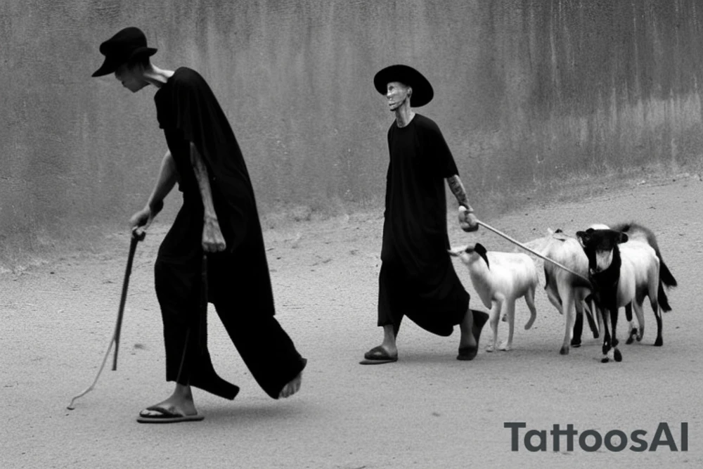 Main idea: A tall, thin man walking towards his left. Just one man

TATTOO STYLE: simple drawing, no fillings, just the outlines in black

The man: The man is dressed in simple clothes like a shepherd from the first century. He is wearing a long tunic, a white hat, and sandals. The man will be carrying a staff or a shepherd's crook.

Background: The background is plain, with no fillings. The man is outlined in black, and his clothes are shaded in grayscale. tattoo idea