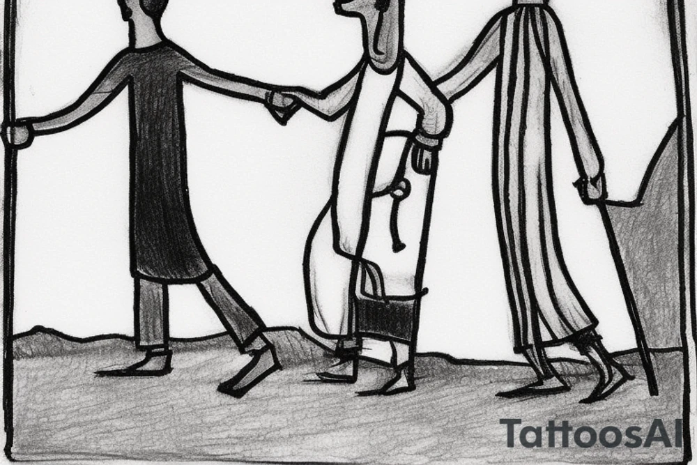Main idea: A tall, thin man walking towards his left. Just one man

TATTOO STYLE: simple drawing, no fillings, just the outlines in black

The man: The man is dressed in simple clothes like a shepherd from the first century. He is wearing a long tunic, a white hat, and sandals. The man will be carrying a staff or a shepherd's crook.

Background: The background is plain, with no fillings. The man is outlined in black, and his clothes are shaded in grayscale. tattoo idea