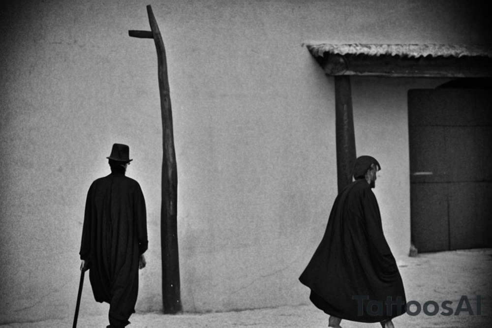 Main idea: A tall, thin man walking towards his left. Just one man

TATTOO STYLE: simple drawing, no fillings, just the outlines in black

The man: The man is dressed in simple clothes like a shepherd from the first century. He is wearing a long tunic, a white hat, and sandals. The man will be carrying a staff or a shepherd's crook.

Background: The background is plain, with no fillings. The man is outlined in black, and his clothes are shaded in grayscale. tattoo idea