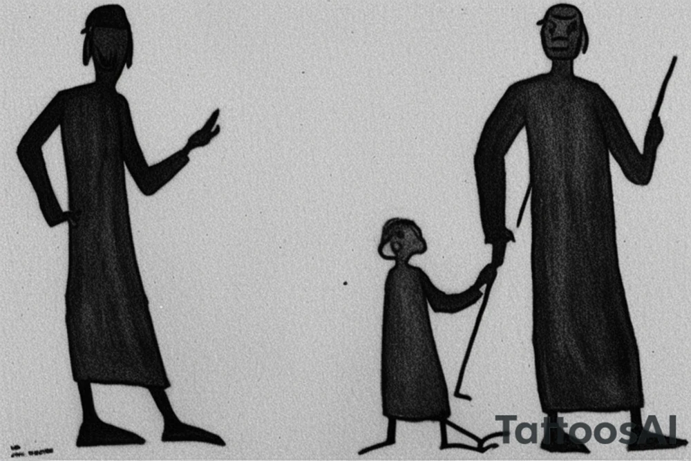 Main idea: A tall, thin man walking towards his left. Just one man

TATTOO STYLE: simple drawing, no fillings, just the outlines in black

The man: The man is dressed in simple clothes like a shepherd from the first century. He is wearing a long tunic, a white hat, and sandals. The man will be carrying a staff or a shepherd's crook.

Background: The background is plain, with no fillings. The man is outlined in black, and his clothes are shaded in grayscale. tattoo idea