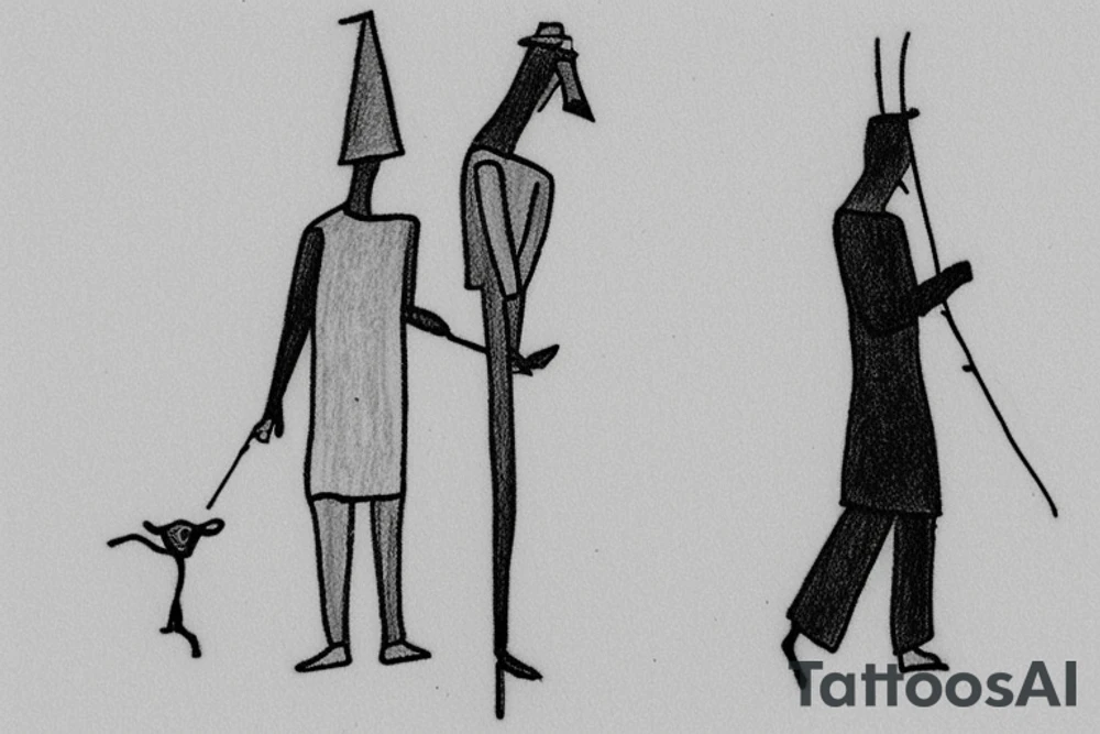 Main idea: A tall, thin man walking towards his left. Just one man

TATTOO STYLE: simple drawing, no fillings, just the outlines in black

The man: The man is dressed in simple clothes like a shepherd from the first century. He is wearing a long tunic, a white hat, and sandals. The man will be carrying a staff or a shepherd's crook.

Background: The background is plain, with no fillings. The man is outlined in black, and his clothes are shaded in grayscale. tattoo idea