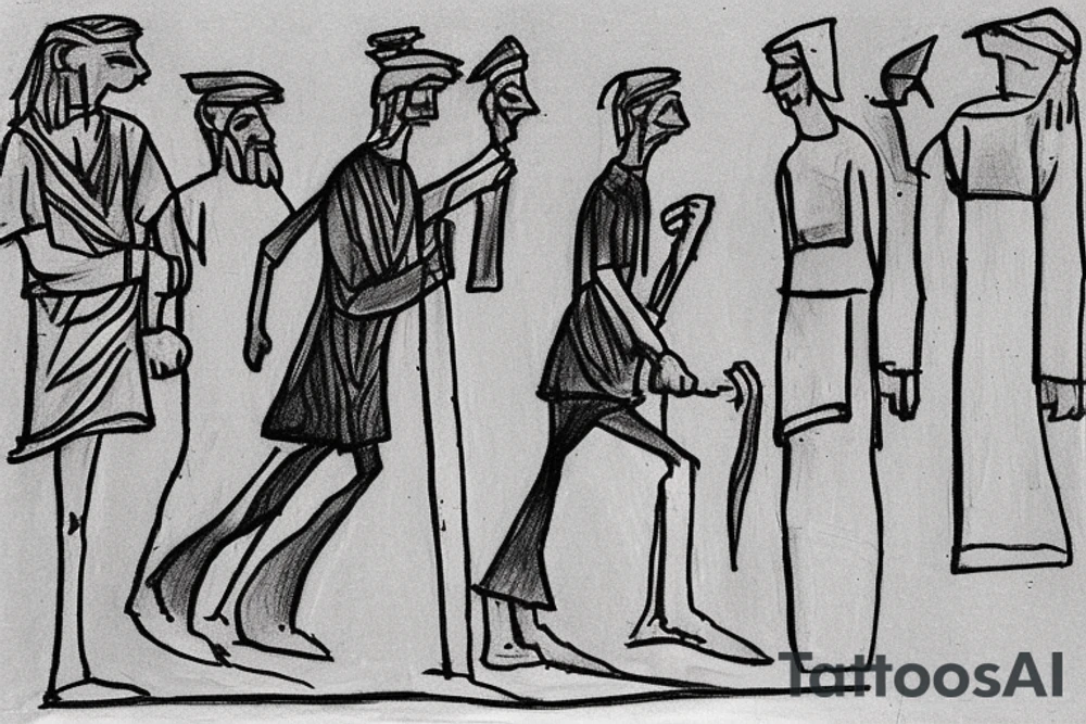 Main idea: A tall, thin man walking towards his left. Just one man

TATTOO STYLE: simple drawing, no fillings, just the outlines in black

The man: The man is dressed in simple clothes like a shepherd from the first century. He is wearing a long tunic, a white hat, and sandals. The man will be carrying a staff or a shepherd's crook.

Background: The background is plain, with no fillings. The man is outlined in black, and his clothes are shaded in grayscale. tattoo idea