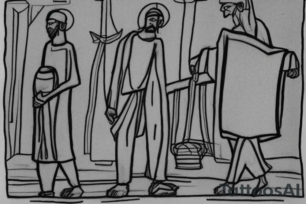 Main idea: A tall, thin man walking towards his left. Just one man

TATTOO STYLE: simple drawing, no fillings, just the outlines in black

The man: The man is dressed in simple clothes like a shepherd from the first century. He is wearing a long tunic, a white hat, and sandals. The man will be carrying a staff or a shepherd's crook.

Background: The background is plain, with no fillings. The man is outlined in black, and his clothes are shaded in grayscale. tattoo idea
