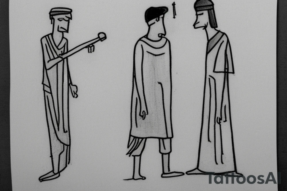 Main idea: A tall, thin man walking towards his left. Just one man

TATTOO STYLE: simple drawing, no fillings, just the outlines in black

The man: The man is dressed in simple clothes like a shepherd from the first century. He is wearing a long tunic, a white hat, and sandals. The man will be carrying a staff or a shepherd's crook.

Background: The background is plain, with no fillings. The man is outlined in black, and his clothes are shaded in grayscale. tattoo idea