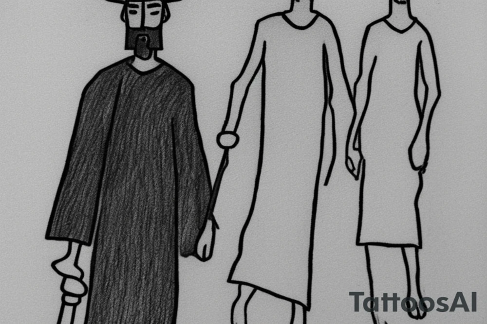 Main idea: A tall, thin man walking towards his left. Just one man

TATTOO STYLE: simple drawing, no fillings, just the outlines in black

The man: The man is dressed in simple clothes like a shepherd from the first century. He is wearing a long tunic, a white hat, and sandals. The man will be carrying a staff or a shepherd's crook.

Background: The background is plain, with no fillings. The man is outlined in black, and his clothes are shaded in grayscale. tattoo idea