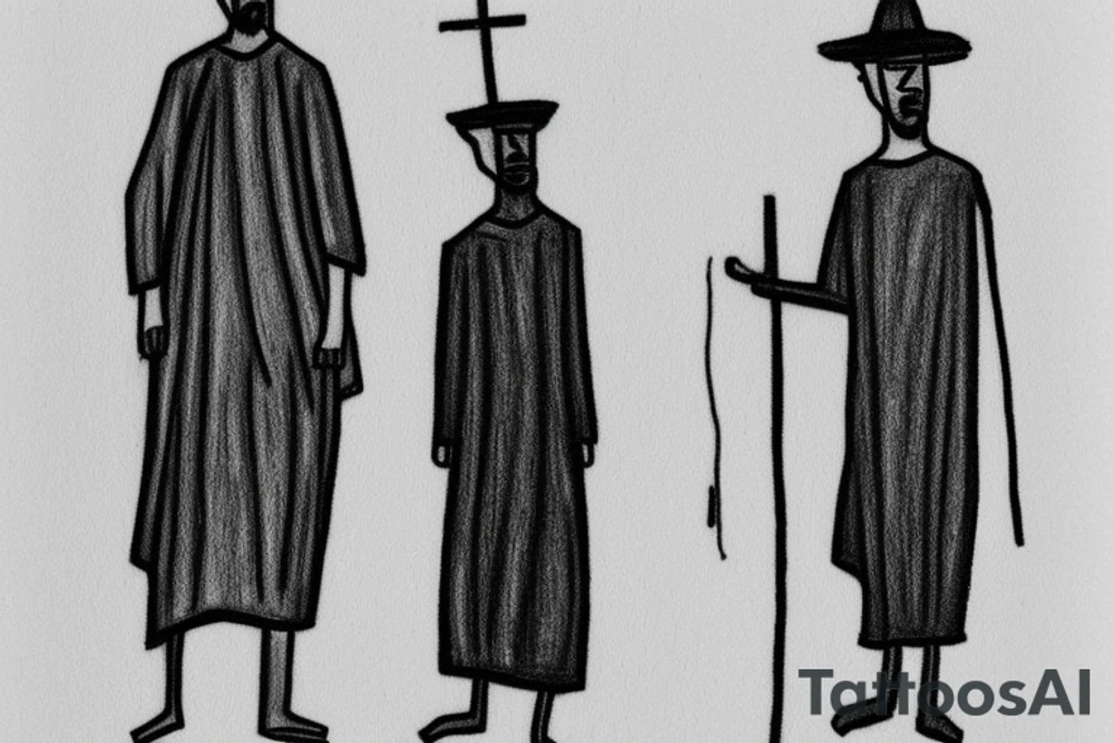 Main idea: A tall, thin man walking towards his left. Just one man

TATTOO STYLE: simple drawing, no fillings, just the outlines in black

The man: The man is dressed in simple clothes like a shepherd from the first century. He is wearing a long tunic, a white hat, and sandals. The man will be carrying a staff or a shepherd's crook.

Background: The background is plain, with no fillings. The man is outlined in black, and his clothes are shaded in grayscale. tattoo idea