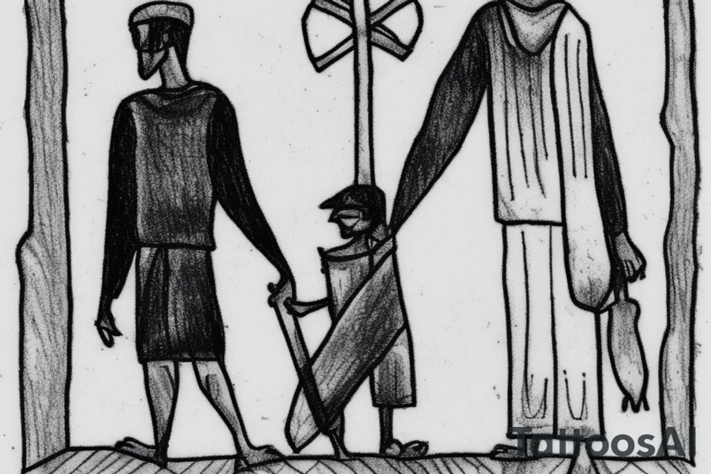 Main idea: A tall, thin man walking towards his left. Just one man

TATTOO STYLE: simple drawing, no fillings, just the outlines in black

The man: The man is dressed in simple clothes like a shepherd from the first century. He is wearing a long tunic, a white hat, and sandals. The man will be carrying a staff or a shepherd's crook.

Background: The background is plain, with no fillings. The man is outlined in black, and his clothes are shaded in grayscale. tattoo idea