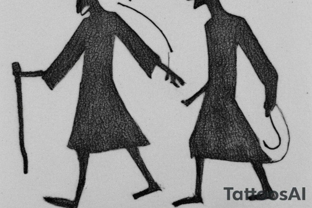 Main idea: A tall, thin man walking towards his left. Just one man

TATTOO STYLE: simple drawing, no fillings, just the outlines in black

The man: The man is dressed in simple clothes like a shepherd from the first century. He is wearing a long tunic, a white hat, and sandals. The man will be carrying a staff or a shepherd's crook.

Background: The background is plain, with no fillings. The man is outlined in black, and his clothes are shaded in grayscale. tattoo idea