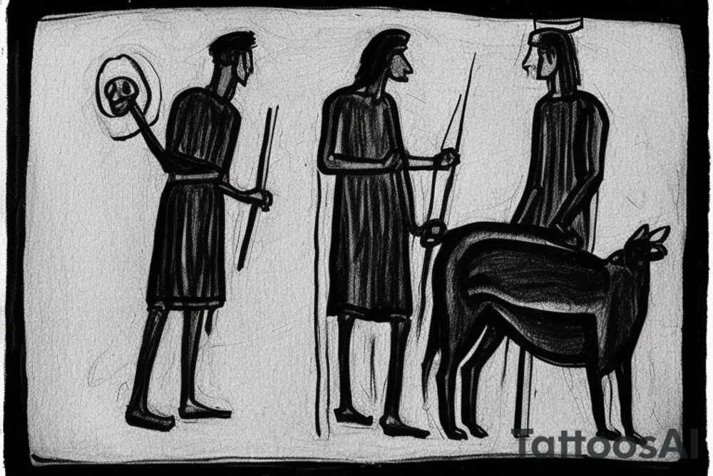 Main idea: A tall, thin man walking towards his left. Just one man

TATTOO STYLE: simple drawing, no fillings, just the outlines in black

The man: The man is dressed in simple clothes like a shepherd from the first century. He is wearing a long tunic, a white hat, and sandals. The man will be carrying a staff or a shepherd's crook.

Background: The background is plain, with no fillings. The man is outlined in black, and his clothes are shaded in grayscale. tattoo idea