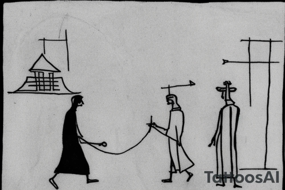 Main idea: A tall, thin man walking towards his left. Just one man

TATTOO STYLE: simple drawing, no fillings, just the outlines in black

The man: The man is dressed in simple clothes like a shepherd from the first century. He is wearing a long tunic, a white hat, and sandals. The man will be carrying a staff or a shepherd's crook.

Background: The background is plain, with no fillings. The man is outlined in black, and his clothes are shaded in grayscale. tattoo idea