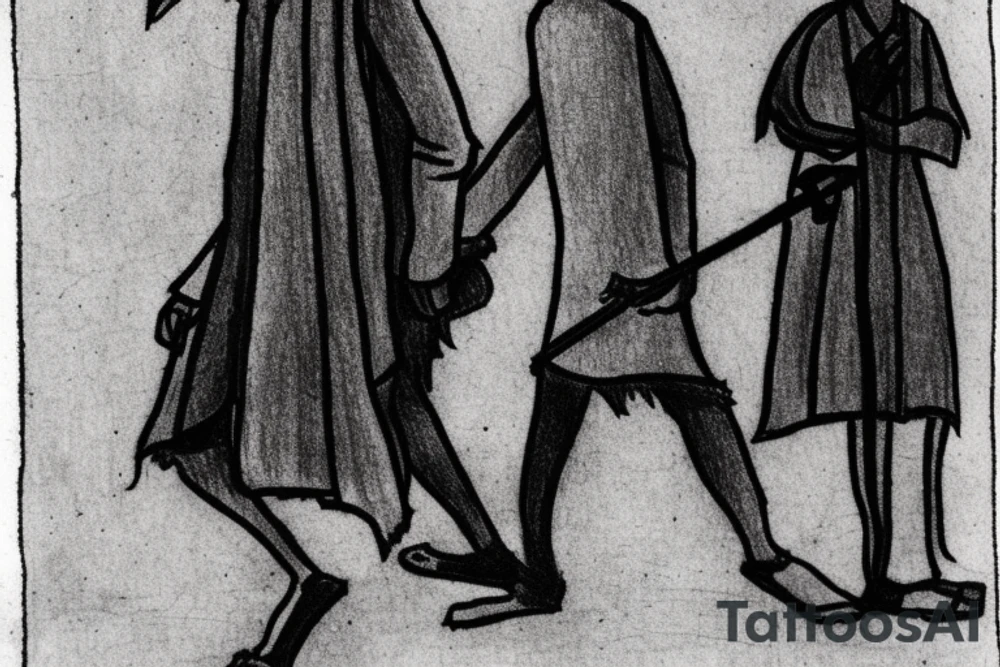 Main idea: One tall and thin man walking towards his left side, to the west. 

TATTOO STYLE: simple drawing, no fillings, just the outlines in black

The man: The man is dressed in simple clothes like a shepherd from the first century. He is wearing a long tunic, a white hat, and sandals. The man will be carrying a staff or a shepherd's crook.

Background: The background is plain, with no fillings. The man is outlined in black, and his clothes are shaded in grayscale. tattoo idea