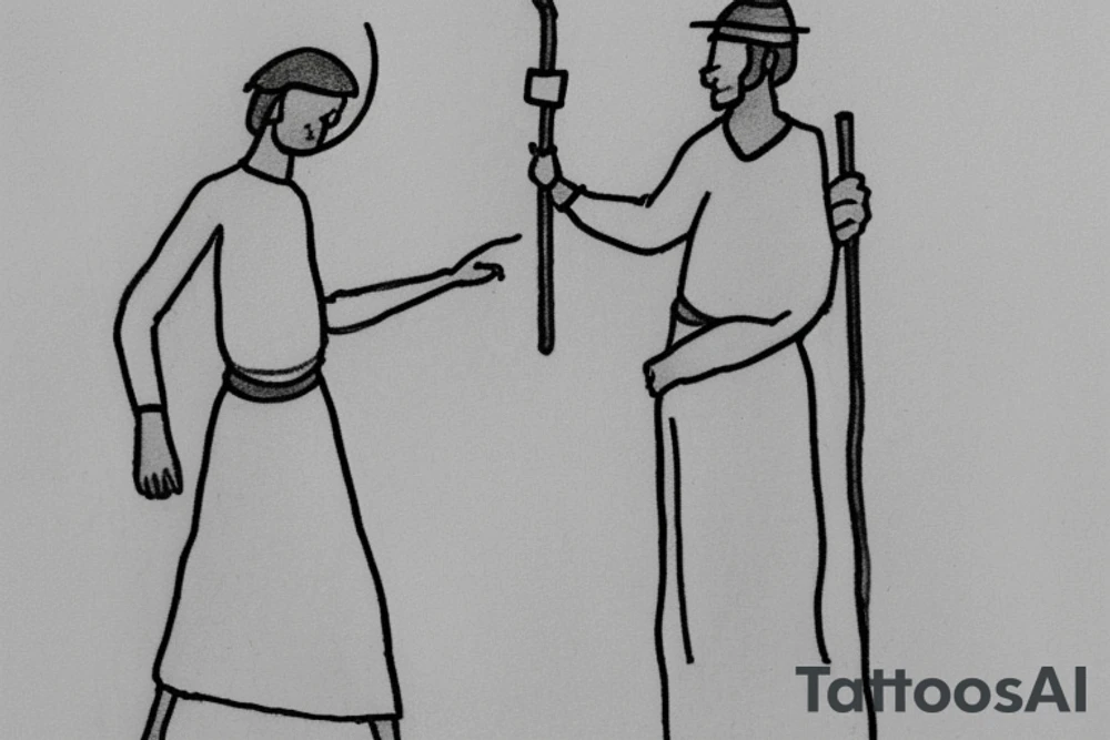 Main idea: One tall and thin man walking towards his left side, to the west. 

TATTOO STYLE: simple drawing, no fillings, just the outlines in black

The man: The man is dressed in simple clothes like a shepherd from the first century. He is wearing a long tunic, a white hat, and sandals. The man will be carrying a staff or a shepherd's crook.

Background: The background is plain, with no fillings. The man is outlined in black, and his clothes are shaded in grayscale. tattoo idea