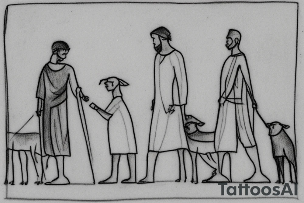 Main idea: One tall and thin man walking towards his left side, to the west. 

TATTOO STYLE: simple drawing, no fillings, just the outlines in black

The man: The man is dressed in simple clothes like a shepherd from the first century. He is wearing a long tunic, a white hat, and sandals. The man will be carrying a staff or a shepherd's crook.

Background: The background is plain, with no fillings. The man is outlined in black, and his clothes are shaded in grayscale. tattoo idea