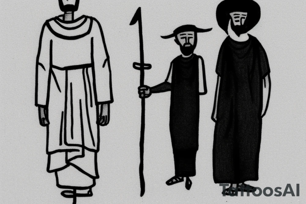 Main idea: One tall and thin man walking towards his left side, to the west. 

TATTOO STYLE: simple drawing, no fillings, just the outlines in black

The man: The man is dressed in simple clothes like a shepherd from the first century. He is wearing a long tunic, a white hat, and sandals. The man will be carrying a staff or a shepherd's crook.

Background: The background is plain, with no fillings. The man is outlined in black, and his clothes are shaded in grayscale. tattoo idea