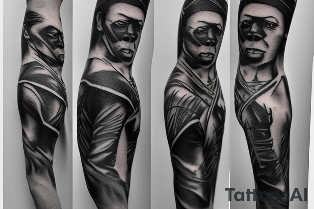 Main idea: One tall and thin man walking towards his left side, to the west.  Three little black panthers are following him

TATTOO STYLE: simple drawing, no fillings, just the outlines in black

The man: The man is dressed in simple clothes like a shepherd from the first century. He is wearing a long tunic, a white hat, and sandals. The man will be carrying a staff or a shepherd's crook.

Background: The background is plain, with no fillings. The man is outlined in black, and his clothes are shaded in grayscale. tattoo idea