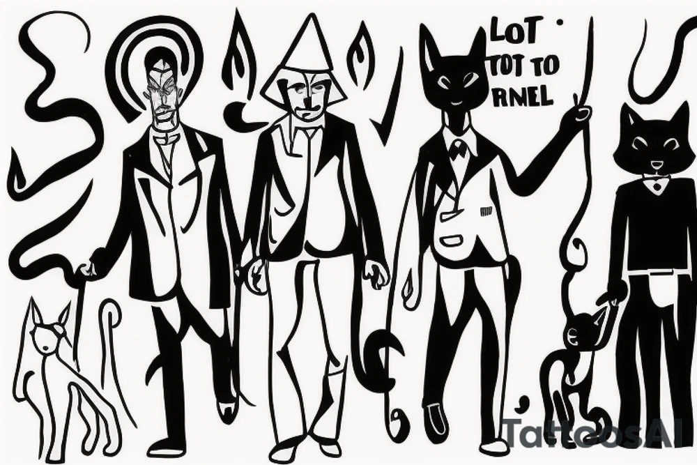 Main idea: One tall and thin man walking towards his left side, to the west.  Three little black panthers are following him tattoo idea