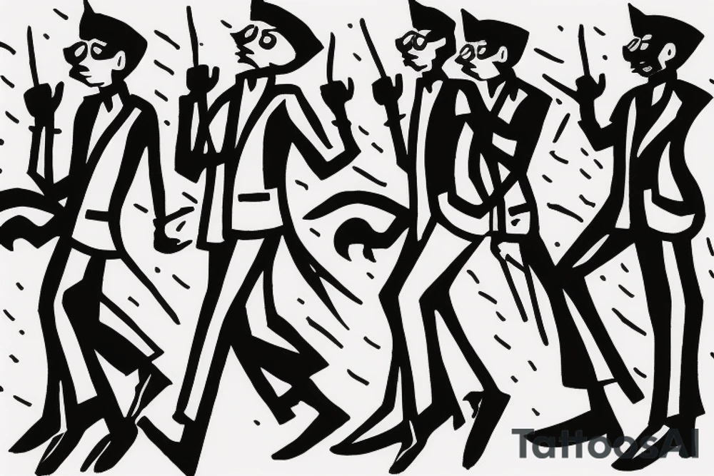 Main idea: One tall and thin man walking towards his left side, to the west.  Three little black panthers are following him tattoo idea