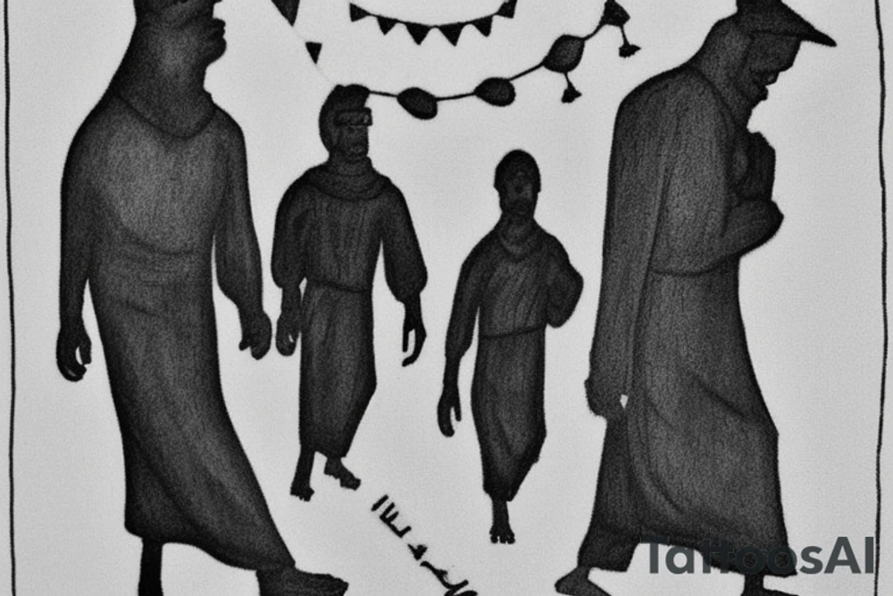 Main idea: One tall and thin man walking towards his left side, to the west.  Three little black panthers are following him

TATTOO STYLE: simple drawing, no fillings, just the outlines in black

The man: The man is dressed in simple clothes like a shepherd from the first century. He is wearing a long tunic, a white hat, and sandals. The man will be carrying a staff or a shepherd's crook.

Background: The background is plain, with no fillings. The man is outlined in black, and his clothes are shaded in grayscale. tattoo idea