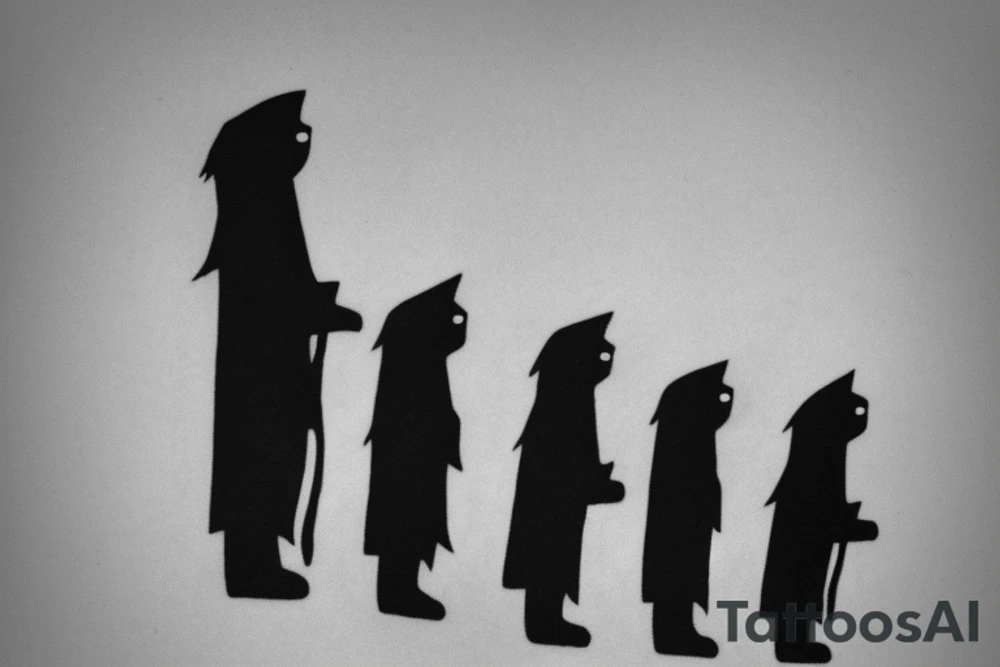 Main idea: One tall and thin man walking towards his left side, to the west.  Three little black panthers are following him

TATTOO STYLE: simple drawing, no fillings, just the outlines in black

The man: The man is dressed in simple clothes like a shepherd from the first century. He is wearing a long tunic, a white hat, and sandals. The man will be carrying a staff or a shepherd's crook.

Background: The background is plain, with no fillings. The man is outlined in black, and his clothes are shaded in grayscale. tattoo idea