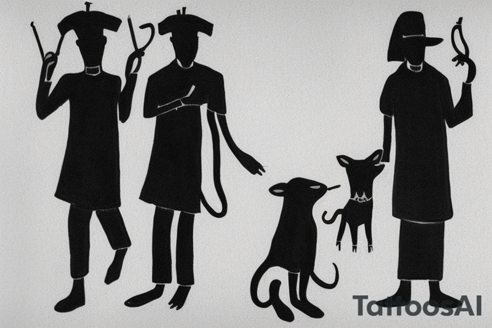 Main idea: One tall and thin man walking towards his left side, to the west.  Three little black panthers are following him

TATTOO STYLE: simple drawing, no fillings, just the outlines in black

The man: The man is dressed in simple clothes like a shepherd from the first century. He is wearing a long tunic, a white hat, and sandals. The man will be carrying a staff or a shepherd's crook.

Background: The background is plain, with no fillings. The man is outlined in black, and his clothes are shaded in grayscale. tattoo idea