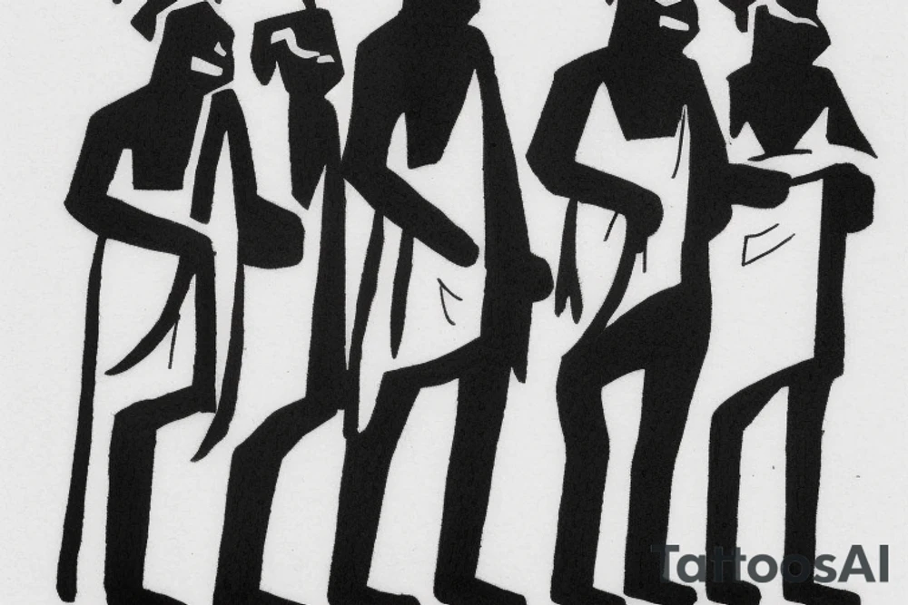 Main idea: One tall and thin man walking towards his left side, to the west.  Three little black panthers are following him

TATTOO STYLE: simple drawing, no fillings, just the outlines in black

The man: The man is dressed in simple clothes like a shepherd from the first century. He is wearing a long tunic, a white hat, and sandals. The man will be carrying a staff or a shepherd's crook.

Background: The background is plain, with no fillings. The man is outlined in black, and his clothes are shaded in grayscale. tattoo idea