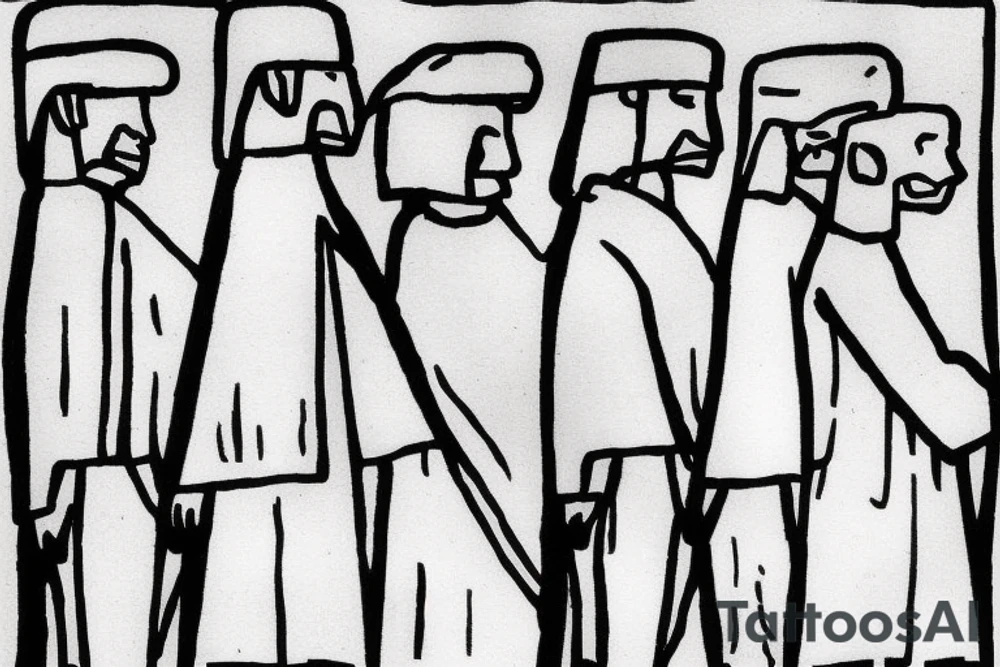 Main idea: One tall and thin man walking towards his left side, to the west.  Three little black panthers are following him

TATTOO STYLE: simple drawing, no fillings, just the outlines in black

The man: The man is dressed in simple clothes like a shepherd from the first century. He is wearing a long tunic, a white hat, and sandals. The man will be carrying a staff or a shepherd's crook.

Background: The background is plain, with no fillings. The man is outlined in black, and his clothes are shaded in grayscale. tattoo idea