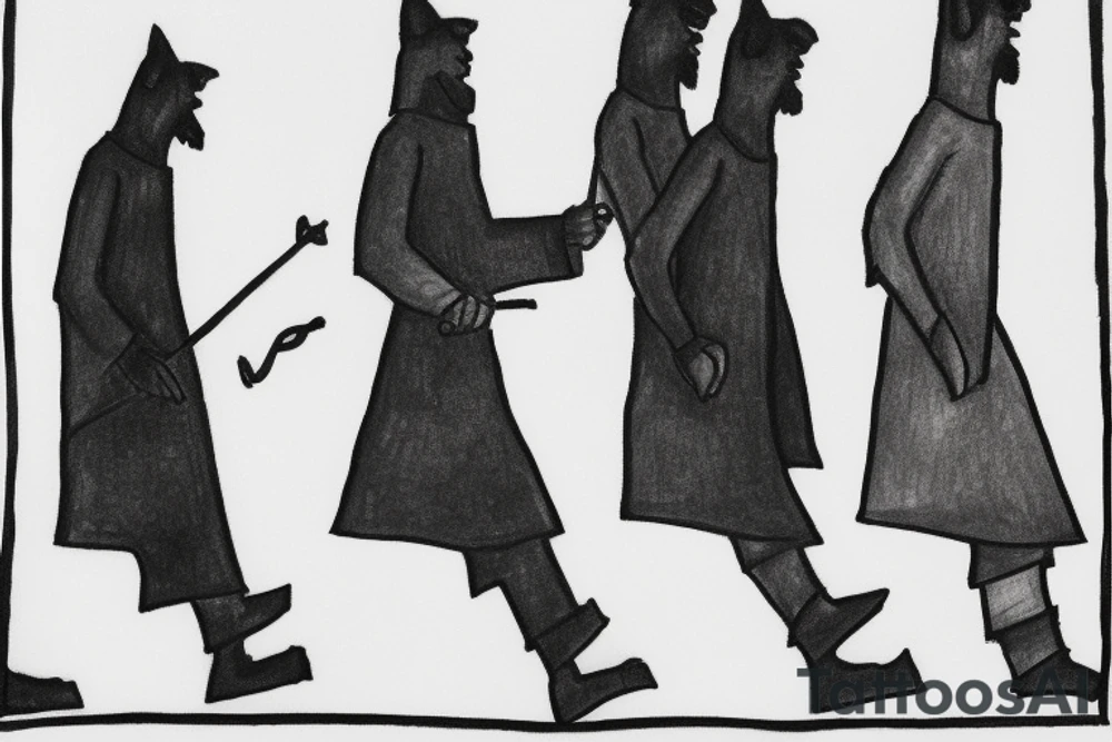 Main idea: One tall and thin man walking towards his left side, to the west.  Three little black panthers are following him

TATTOO STYLE: simple drawing, no fillings, just the outlines in black

The man: The man is dressed in simple clothes like a shepherd from the first century. He is wearing a long tunic, a white hat, and sandals. The man will be carrying a staff or a shepherd's crook.

Background: The background is plain, with no fillings. The man is outlined in black, and his clothes are shaded in grayscale. tattoo idea