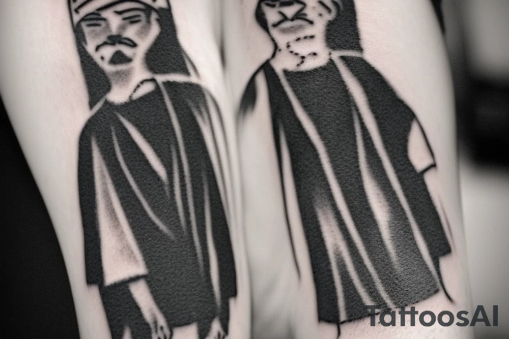 Main idea: One tall and thin man walking towards his left side, to the west.  Three little black panthers are following him

TATTOO STYLE: simple drawing, no fillings, just the outlines in black

The man: The man is dressed in simple clothes like a shepherd from the first century. He is wearing a long tunic, a white hat, and sandals. The man will be carrying a staff or a shepherd's crook.

Background: The background is plain, with no fillings. The man is outlined in black, and his clothes are shaded in grayscale. tattoo idea