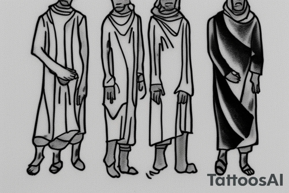 Main idea: One tall and thin man walking towards his left side, to the west.  Three little black panthers are following him

TATTOO STYLE: simple drawing, no fillings, just the outlines in black

The man: The man is dressed in simple clothes like a shepherd from the first century. He is wearing a long tunic, a white hat, and sandals. The man will be carrying a staff or a shepherd's crook.

Background: The background is plain, with no fillings. The man is outlined in black, and his clothes are shaded in grayscale. tattoo idea