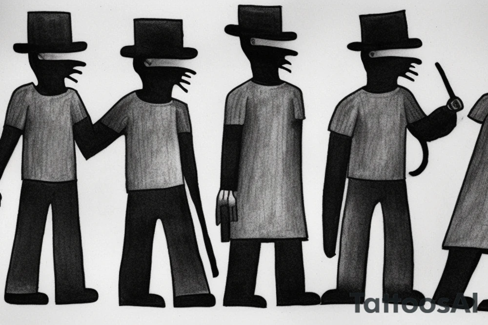 Main idea: One tall and thin man walking towards his left side, to the west.  Three little black panthers are following him

TATTOO STYLE: simple drawing, no fillings, just the outlines in black

The man: The man is dressed in simple clothes like a shepherd from the first century. He is wearing a long tunic, a white hat, and sandals. The man will be carrying a staff or a shepherd's crook.

Background: The background is plain, with no fillings. The man is outlined in black, and his clothes are shaded in grayscale. tattoo idea