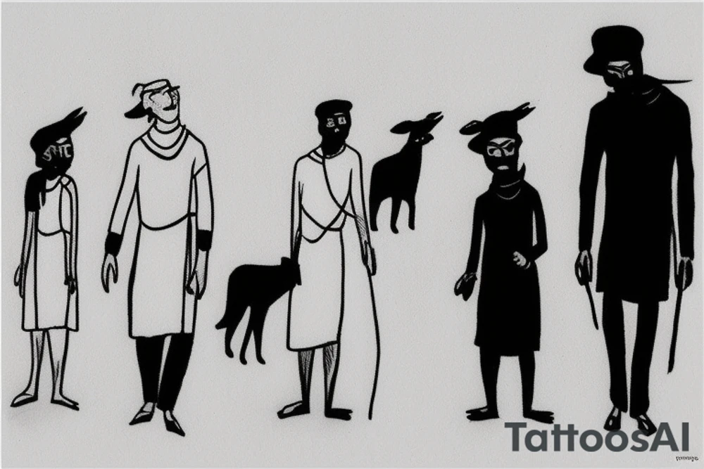 Main idea: One tall and thin man walking towards his left side, to the west.  Three little black panthers are following him

TATTOO STYLE: simple drawing, no fillings, just the outlines in black

The man: The man is dressed in simple clothes like a shepherd from the first century. He is wearing a long tunic, a white hat, and sandals. The man will be carrying a staff or a shepherd's crook.

Background: The background is plain, with no fillings. The man is outlined in black, and his clothes are shaded in grayscale. tattoo idea