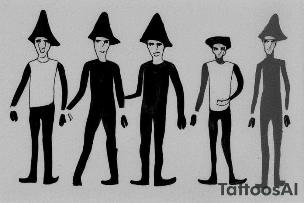 Main idea: One tall and thin man walking towards his left side, to the west.  Three little black panthers are following him

TATTOO STYLE: simple drawing, no fillings, just the outlines in black

The man: The man is dressed in simple clothes like a shepherd from the first century. He is wearing a long tunic, a white hat, and sandals. The man will be carrying a staff or a shepherd's crook.

Background: The background is plain, with no fillings. The man is outlined in black, and his clothes are shaded in grayscale. tattoo idea