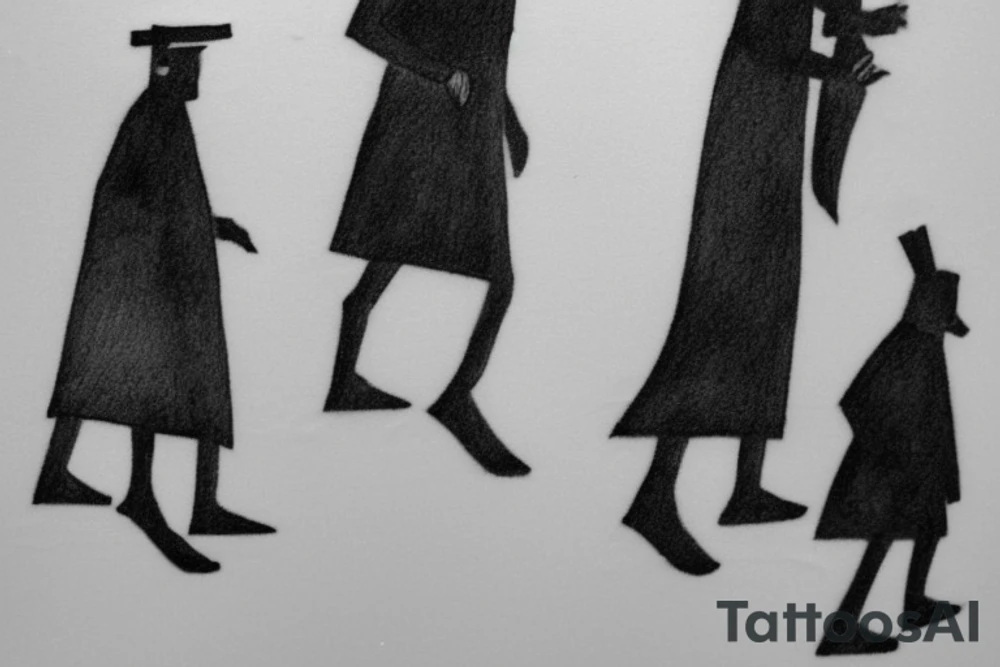 Main idea: One tall and thin man walking towards his left side, to the west.  Three little black panthers are following him

TATTOO STYLE: simple drawing, no fillings, just the outlines in black

The man: The man is dressed in simple clothes like a shepherd from the first century. He is wearing a long tunic, a white hat, and sandals. The man will be carrying a staff or a shepherd's crook.

Background: The background is plain, with no fillings. The man is outlined in black, and his clothes are shaded in grayscale. tattoo idea