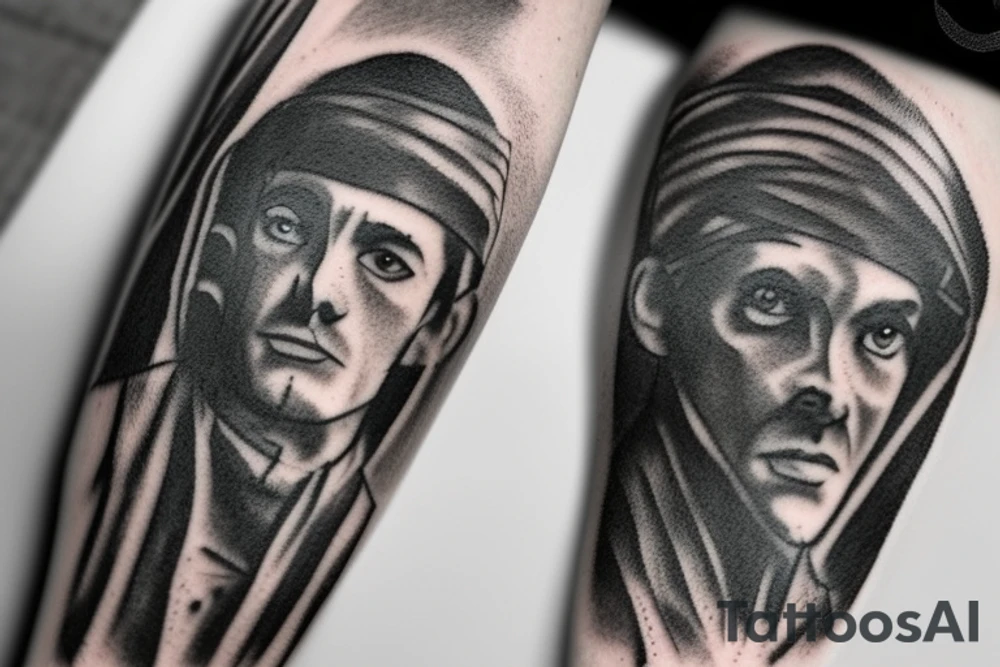Main idea: One tall and thin man walking towards his left side, to the west.  Three little black panthers are following him

TATTOO STYLE: simple drawing, no fillings, just the outlines in black

The man: The man is dressed in simple clothes like a shepherd from the first century. He is wearing a long tunic, a white hat, and sandals. The man will be carrying a staff or a shepherd's crook.

Background: The background is plain, with no fillings. The man is outlined in black, and his clothes are shaded in grayscale. tattoo idea