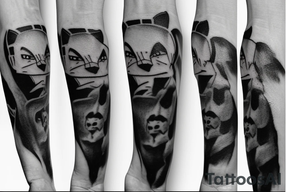 Main idea: One tall and thin man walking towards his left side, to the west.  Three little black panthers are following him

TATTOO STYLE: simple drawing, no fillings, just the outlines in black

The man: The man is dressed in simple clothes like a shepherd from the first century. He is wearing a long tunic, a white hat, and sandals. The man will be carrying a staff or a shepherd's crook.

Background: The background is plain, with no fillings. The man is outlined in black, and his clothes are shaded in grayscale. tattoo idea