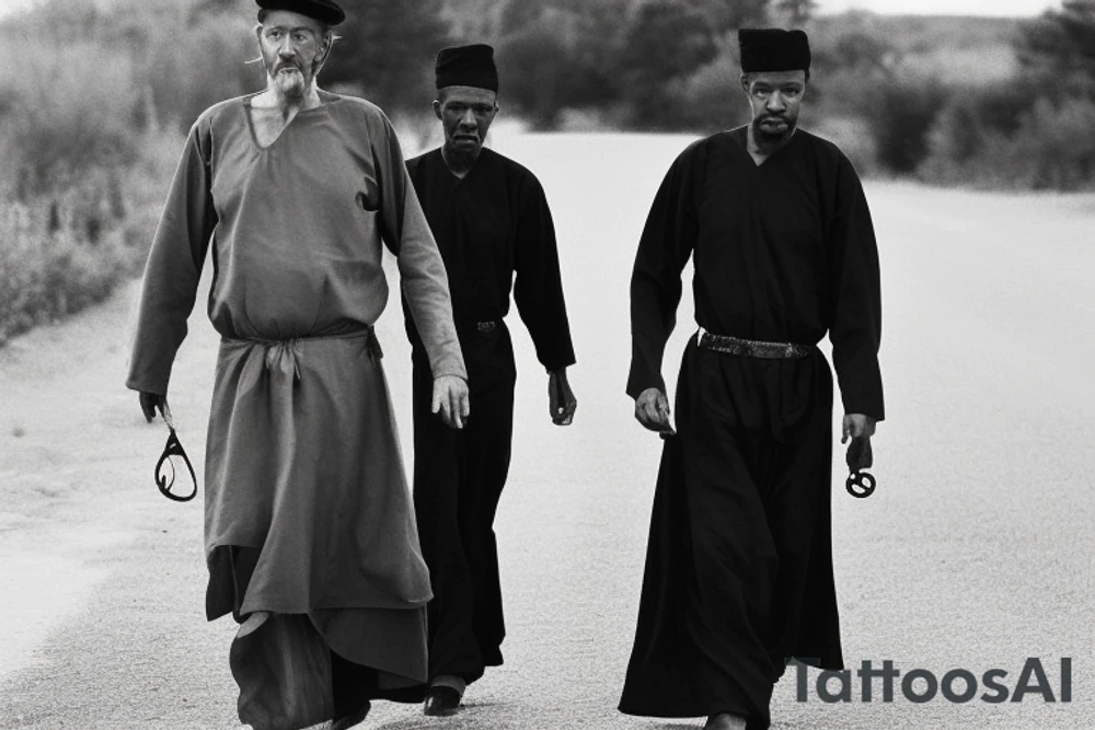 Main idea: One tall and thin man walking towards his left side, to the west.  Three little black panthers are following him

TATTOO STYLE: simple drawing, no fillings, just the outlines in black

The man: The man is dressed in simple clothes like a shepherd from the first century. He is wearing a long tunic, a white hat, and sandals. The man will be carrying a staff or a shepherd's crook.

Background: The background is plain, with no fillings. The man is outlined in black, and his clothes are shaded in grayscale. tattoo idea