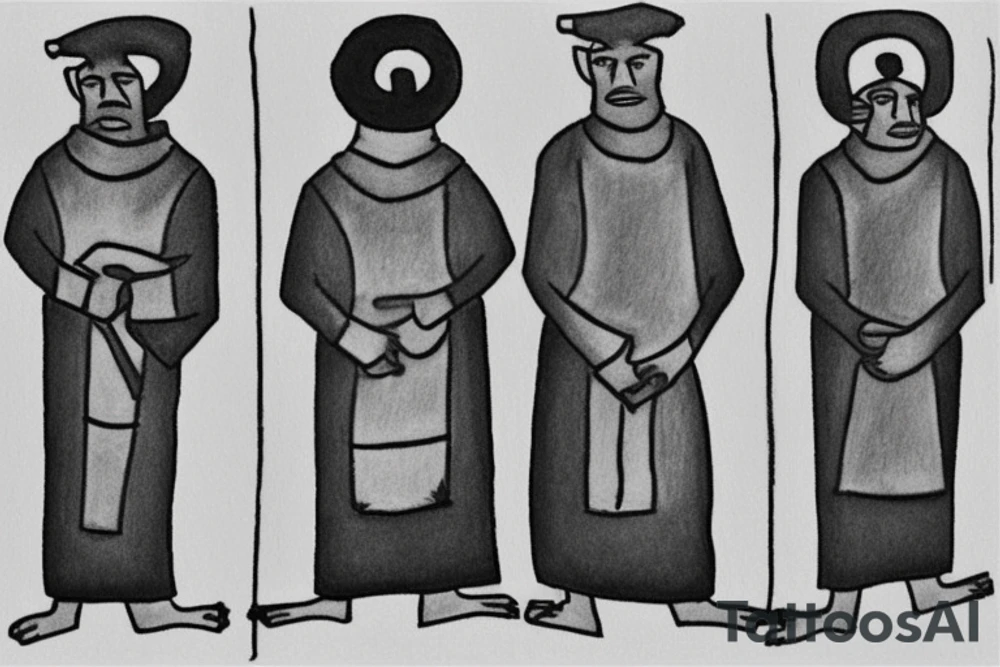 Main idea: One tall and thin man walking towards his left side, to the west.  Three little black panthers are following him

TATTOO STYLE: simple drawing, no fillings, just the outlines in black

The man: The man is dressed in simple clothes like a shepherd from the first century. He is wearing a long tunic, a white hat, and sandals. The man will be carrying a staff or a shepherd's crook.

Background: The background is plain, with no fillings. The man is outlined in black, and his clothes are shaded in grayscale. tattoo idea