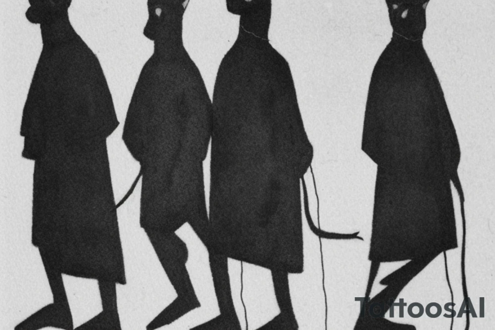 Main idea: One tall and thin man walking towards his left side, to the west.  Three little black panthers are following him

TATTOO STYLE: simple drawing, no fillings, just the outlines in black

The man: The man is dressed in simple clothes like a shepherd from the first century. He is wearing a long tunic, a white hat, and sandals. The man will be carrying a staff or a shepherd's crook.

Background: The background is plain, with no fillings. The man is outlined in black, and his clothes are shaded in grayscale. tattoo idea