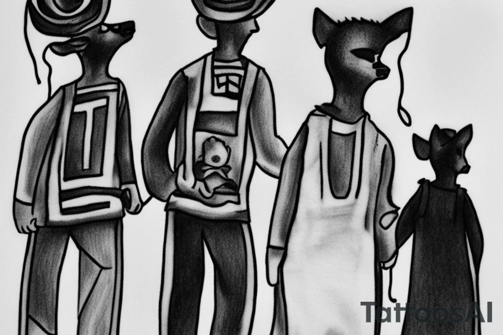 Main idea: One tall and thin man walking towards his left side, to the west.  Three little black panthers are following him

TATTOO STYLE: simple drawing, no fillings, just the outlines in black

The man: The man is dressed in simple clothes like a shepherd from the first century. He is wearing a long tunic, a white hat, and sandals. The man will be carrying a staff or a shepherd's crook.

Background: The background is plain, with no fillings. The man is outlined in black, and his clothes are shaded in grayscale. tattoo idea